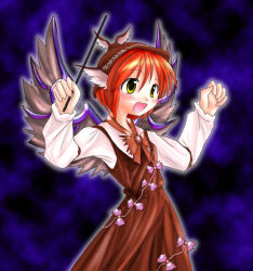 Rule 34 | 1girl, animal ears, conductor baton, conductor, dress, female focus, hat, mystia lorelei, open mouth, red hair, short hair, solo, touhou, wings, yellow eyes