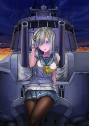Rule 34 | 10s, 1girl, adjusting hair, blue eyes, breasts, gloves, hair ornament, hairclip, hamakaze (kancolle), historical name connection, kantai collection, medium breasts, name connection, pantyhose, pleated skirt, ship, silver hair, skirt, solo, sturmjaeger (daybreaks0), sunset, turret, watercraft