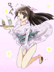 Rule 34 | 1girl, ;o, ass, black eyes, breasts, brown footwear, brown hair, commentary request, cup, full body, geta, hair ribbon, highres, holding, holding tray, japanese clothes, kimono, kinfuji, large breasts, legs up, long hair, one eye closed, original, pink kimono, pink ribbon, ponytail, ribbon, solo, touge chayako, tray, tripping, yunomi