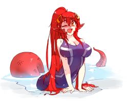 Rule 34 | 1girl, blush, breasts, cleavage, fang, hair between eyes, hair ornament, hairclip, lamia, large breasts, long hair, looking at viewer, miia (monster musume), monster girl, monster musume no iru nichijou, navel, one-piece swimsuit, one eye closed, open mouth, pointy ears, red hair, rtil, scales, slit pupils, smile, solo, swimsuit, tail, very long hair, water, yellow eyes
