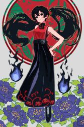 Rule 34 | 1girl, bare arms, black eyes, black hair, black skirt, blue fire, closed mouth, commentary request, fire, flower, full body, grey background, hair flower, hair ornament, hand on own hip, high-waist skirt, highres, kaneni, long hair, long sleeves, multicolored eyes, original, purple flower, red background, red eyes, red flower, red shirt, shirt, skirt, sleeveless, sleeveless shirt, solo, twintails