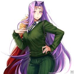 Rule 34 | 1girl, breasts, cosplay, cowboy shot, eyes visible through hair, facial mark, fate/grand order, fate (series), flying sweatdrops, forehead mark, green pants, green shirt, large breasts, long hair, medusa (fate), medusa (rider) (fate), necktie, pants, pink eyes, pink hair, shirt, signature, solo, stole, striped, striped necktie, striped neckwear, very long hair, waver velvet, waver velvet (cosplay), zyunya