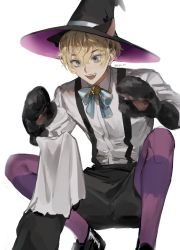 Rule 34 | 1boy, animal, animal ears, animal hands, black footwear, black hat, black shorts, blonde hair, blue eyes, blue neckwear, bow, cat, cat ears, collared shirt, dress shirt, feet out of frame, hair between eyes, hat, highres, male focus, matsuno chifuyu, open mouth, purple legwear, shirt, shoes, short hair, shorts, simple background, smile, solo, suspenders, syusyu 043, tokyo revengers, twitter username, white background, white shirt, witch hat
