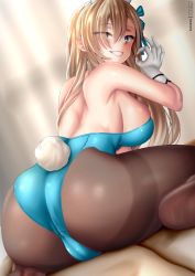 Rule 34 | 1girl, animal ears, artist name, ass, asuna (blue archive), asuna (bunny) (blue archive), bare back, bare shoulders, black pantyhose, blonde hair, blue archive, blue eyes, blue leotard, blue ribbon, breasts, commentary request, eyes visible through hair, fake animal ears, fake tail, fellatio gesture, from behind, gloves, grin, hair between eyes, hair over one eye, hair ribbon, hairband, hand up, highres, large breasts, leaning forward, leotard, looking at viewer, looking back, mixed-language commentary, oniilus, pantyhose, playboy bunny, rabbit ears, rabbit tail, ribbon, sitting, smile, solo, strapless, strapless leotard, tail, thighband pantyhose, white gloves, white hairband