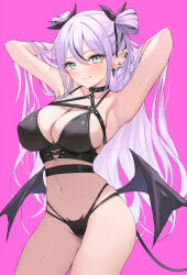 Rule 34 | 1girl, aqua eyes, armpits, arms behind head, arms up, belt, bikini, black belt, black bikini, black choker, black hair, black ribbon, black tail, black wings, breasts, chest harness, choker, cleavage, closed mouth, commentary, contrapposto, cowboy shot, demon girl, demon wings, ear piercing, earclip, earrings, fang, fang out, hair ribbon, halterneck, hand in own hair, harness, heart, highleg, highleg bikini, highres, jewelry, kurokin, large breasts, light purple hair, long hair, looking at viewer, low wings, multi-strapped bikini, multicolored hair, multiple piercings, navel, original, piercing, pink background, pointy ears, ribbon, simple background, smile, solo, stomach, streaked hair, swimsuit, symbol-only commentary, tail, thighs, two-tone hair, very long hair, wings