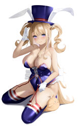 Rule 34 | 1girl, absurdres, animal ears, azur lane, blonde hair, blue leotard, blue thighhighs, breasts, cleavage, commentary, facial mark, fake animal ears, frilled leotard, frills, full body, gloves, guam (azur lane), guam (stage-setting charmer) (azur lane), hat, heart, heart facial mark, highres, large breasts, leotard, long hair, looking at viewer, manjuu (azur lane), mizhi-jiang lao, official alternate costume, playboy bunny, rabbit ears, red garter straps, simple background, solo, star-shaped pupils, star (symbol), symbol-shaped pupils, thighhighs, top hat, undersized breast cup, very long hair, white background, white gloves