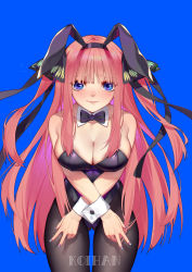 Rule 34 | 1girl, absurdres, animal ears, black bow, black bowtie, black leotard, black pantyhose, blue background, blue eyes, bow, bowtie, breasts, cleavage, crossed arms, detached collar, fake animal ears, gluteal fold, go-toubun no hanayome, hair ornament, hair ribbon, highres, koi han, large breasts, leaning forward, leotard, long hair, looking at viewer, nail polish, nakano nino, pantyhose, pink hair, playboy bunny, rabbit ears, rabbit girl, ribbon, simple background, solo, strapless, strapless leotard, wrist cuffs