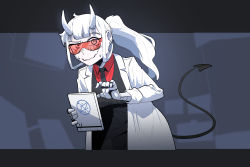 Rule 34 | 1girl, blush, coat, collared shirt, demon girl, demon tail, formal, ganggidam, goggles, helltaker, highres, holding, horns, indoors, lab coat, long hair, long sleeves, looking at viewer, loremaster (helltaker), open clothes, open coat, pale skin, ponytail, red-tinted eyewear, red-tinted glasses, shirt, sleeves rolled up, solo, standing, suit, sunglasses, sweat, tail, tinted eyewear, visor, white coat, white hair, white horns