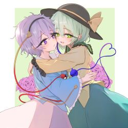 Rule 34 | 2girls, absurdres, black hat, blue shirt, blush, buttons, cheek-to-cheek, commentary request, diamond button, flower, frilled sailor collar, frills, green hair, hat, heads together, heart, heart of string, highres, hug, komeiji koishi, komeiji satori, long eyelashes, long sleeves, looking at another, looking at viewer, multiple girls, pink flower, pink rose, purple hair, rose, sailor collar, shirt, short hair, siblings, sisters, skirt, smile, sugar you, sun hat, third eye, touhou, yellow shirt