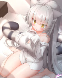 Rule 34 | 1girl, animal ears, bed, blush, breasts, cat ears, cat girl, chestnut mouth, cleavage, coffee, cup, grey hair, haku (p&amp;d), highres, holding, holding cup, large breasts, lilium0235, long hair, naked shirt, off shoulder, on bed, puzzle &amp; dragons, shirt, signature, sitting, sleeves past fingers, sleeves past wrists, solo, steam, tail, thighs, tiger tail, very long hair, wariza, white shirt, yellow eyes