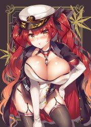 Rule 34 | 1girl, azur lane, black thighhighs, blush, breasts, chain, chestnut mouth, cleavage, elbow gloves, garter straps, gloves, hair ribbon, hat, highres, honolulu (azur lane), jacket, jacket over shoulder, unworn jacket, large breasts, long hair, looking at viewer, open mouth, peaked cap, red eyes, red hair, ribbon, solo, suzunone rena, thighhighs, twintails, white gloves