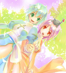 Rule 34 | 2girls, alternate color, animal, animal on head, bow, breasts, cat, cat on head, commentary request, cowboy shot, cross, crossed bandaids, dress, dutch angle, green dress, green eyes, green hair, high priest (ragnarok online), juliet sleeves, long sleeves, looking at viewer, lowres, medium breasts, medium hair, multiple girls, on head, open mouth, pink hair, puffy sleeves, ragnarok online, red dress, red eyes, riuhi, sash, short hair, smile, two-tone dress, white bow, white dress, white sash