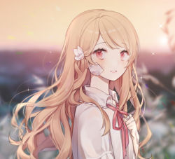 Rule 34 | 1girl, bad id, bad pixiv id, bandaid, bandaid on hand, blonde hair, blurry, blurry background, blush, bow, collared shirt, depth of field, hair bow, hand up, long hair, looking at viewer, looking to the side, moffle (ayabi), neck ribbon, original, outdoors, red eyes, red ribbon, ribbon, shirt, short sleeves, sky, solo, sunset, upper body, white bow, white shirt