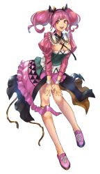 Rule 34 | 1girl, :d, bracelet, breasts, cleavage, dress, floating hair, full body, highres, jewelry, large breasts, long hair, long sleeves, looking to the side, macross, macross delta, makina nakajima, nail polish, open mouth, orange eyes, pink footwear, pink hair, shimatani azu, shoes, simple background, smile, sneakers, solo, white background