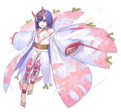 Rule 34 | 1girl, :d, akizone, alternate color, ankle ribbon, bare shoulders, blunt bangs, blush, bob cut, breasts, choker, collarbone, eyebrows, eyeshadow, fangs, fate/grand order, fate (series), fingernails, full body, gem, hair ornament, horns, japanese clothes, kimono, leg ribbon, long sleeves, makeup, nail polish, no shoes, obi, off shoulder, oni, open mouth, purple eyes, purple hair, revealing clothes, ribbon, sash, see-through, shide, shoes, short hair, shuten douji (fate), skin-covered horns, small breasts, smile, snowflake print, solo, thigh gap, thighhighs, toenails, white background, white kimono, wide sleeves