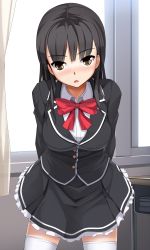 Rule 34 | 1girl, arms behind back, black hair, blush, bow, breasts, classroom, cowboy shot, desk, eto, hime cut, indoors, large breasts, leaning forward, long hair, long sleeves, looking at viewer, open mouth, original, school, school desk, school uniform, solo, standing, thighhighs, tongue, white thighhighs, window, yellow eyes