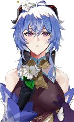 Rule 34 | 3o c, ahoge, bare shoulders, bell, black gloves, blue hair, blush, bow, bowtie, breasts, detached sleeves, flower, ganyu (genshin impact), genshin impact, gloves, highres, holding, holding flower, horns, looking at viewer, medium breasts, neck bell, purple eyes, qingxin flower, sidelocks, solo, white background, white flower, white sleeves