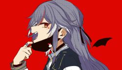Rule 34 | 1girl, arashi, choker, earrings, fangs, fu hua, fu hua (herrscher of sentience), grey hair, hair between eyes, highres, honkai (series), honkai impact 3rd, jacket, jewelry, letterman jacket, long hair, long sleeves, looking at viewer, looking to the side, mask, mouth mask, multicolored hair, open mouth, red background, red eyes, ring, simple background, streaked hair, vampire (vocaloid), vocaloid