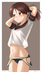 1girl blush brown_eyes brown_hair brown_sailor_collar comb hair_ribbon highres kantai_collection navel one-hour_drawing_challenge ponytail ray.s ribbon sailor_collar school_swimsuit school_uniform serafuku shikinami_(kancolle) short_hair short_ponytail short_sleeves swimsuit swimsuit_under_clothes