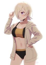 Rule 34 | 1girl, absurdres, black sports bra, blonde hair, breasts, collarbone, cowboy shot, hair over one eye, highres, hood, hood down, hoodie, ice compass0610, long sleeves, looking to the side, love live!, love live! nijigasaki high school idol club, medium breasts, mia taylor, midriff, navel, one eye covered, open clothes, open hoodie, playing with own hair, purple eyes, short hair, simple background, solo, sports bra, sportswear, two-tone sports bra, underwear, yellow sports bra