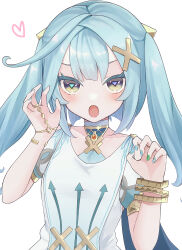 Rule 34 | 1girl, :o, aqua hair, bracelet, commentary request, dress, faruzan (genshin impact), genshin impact, green eyes, hair ornament, hands up, highres, jewelry, long hair, looking at viewer, short sleeves, simple background, solo, twintails, upper body, ura (hamburg oniku), white background, white dress, x hair ornament