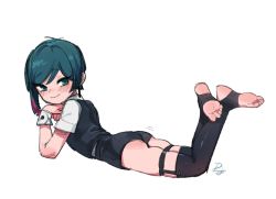 Rule 34 | 1girl, ass, black shorts, black socks, black vest, closed mouth, difman, full body, green eyes, green hair, kneehighs, legs up, looking at viewer, looking back, lying, on stomach, original, shirt, short hair, shorts, simple background, smile, socks, soles, solo, stirrup legwear, toeless legwear, toes, vest, white background, white shirt, wrist cuffs