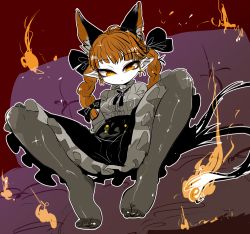 Rule 34 | 1girl, animal ears, black skirt, bow, braid, cat ears, couch, extra ears, feet, fire, fire, frilled skirt, frills, grey shirt, hair bow, half-closed eyes, kaenbyou rin, long sleeves, looking at viewer, no shoes, pantyhose, pointy ears, red background, red hair, shiny clothes, shirt, simple background, skirt, slit pupils, solo, sparkle, spread legs, thighs, toes, touhou, twin braids, yellow eyes, yt (wai-tei)