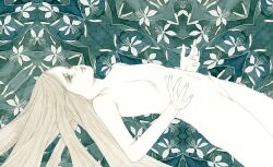 Rule 34 | 1girl, colored skin, completely nude, flat chest, floating, floral background, green background, kishi takuya, long hair, no nipples, nude, original, painting (medium), petite, skinny, solo, traditional media, watercolor (medium), white skin