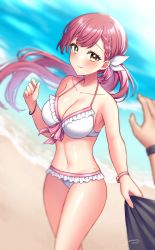 Rule 34 | 1girl, armpits, beach, bikini, blush, bracelet, braid, breasts, cleavage, clothes grab, frilled bikini, frills, hair ribbon, highres, jewelry, large breasts, long hair, looking at viewer, mio1030, mole, mole on stomach, mole under eye, multiple bracelets, navel, night, ocean, original, outdoors, parted lips, pink hair, ponytail, ribbon, smile, solo focus, swimsuit, very long hair, yellow eyes