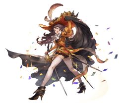 Rule 34 | 10s, 1girl, ange (granblue fantasy), boots, brown eyes, brown hair, cape, confetti, detached sleeves, frills, full body, granblue fantasy, hat, juliet sleeves, long hair, long sleeves, looking at viewer, looking back, minaba hideo, official art, open mouth, puffy sleeves, pumpkin, shorts, smile, solo, sparkle, sword, transparent background, weapon, white legwear