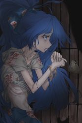 Rule 34 | 1girl, anorexic, bad id, bad pixiv id, bags under eyes, blue bow, blue eyes, blue hair, blue skirt, bow, bowl, bracelet, closed mouth, collarbone, crack, cracked bowl, debt, drawstring, emaciated, fingernails, from side, grey hoodie, hair bow, hair in own mouth, hands up, highres, hood, hood down, hoodie, jewelry, long hair, navel, ribs, short sleeves, skirt, solo, touhou, wooden floor, ymok, yorigami shion