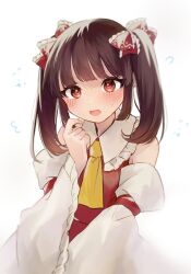 Rule 34 | 1girl, alternate hairstyle, ascot, bare shoulders, bloom, blunt bangs, blurry, blush, bow, brown hair, depth of field, detached sleeves, flustered, frilled shirt collar, frills, hair bow, hakurei kaede, hakurei reimu, hand up, highres, long hair, long sleeves, open mouth, red eyes, red skirt, red vest, simple background, skirt, skirt set, solo, sweat, touhou, twintails, vest, white background, wide sleeves, yellow ascot