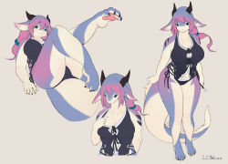 Rule 34 | 1girl, barefoot, blue hair, breasts, dragon horns, dragon tail, feet, female focus, furry, furry female, gradient hair, grey background, horns, lanya (lcshian), lcshian, legs up, long hair, low-tied long hair, lying, multicolored hair, original, pink hair, signature, simple background, soles, solo, tail