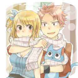 Rule 34 | 1boy, 1girl, arm around neck, blonde hair, blush, breasts, cat, cleavage, couple, erinan, fairy tail, happy (fairy tail), hetero, hug, lucy heartfilia, natsu dragneel, pink hair, scarf, shared clothes, shared scarf, side ponytail, smile