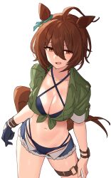 Rule 34 | 1girl, agnes tachyon (lunatic lab) (umamusume), agnes tachyon (umamusume), ahoge, animal ears, bad link, bikini, breasts, brown eyes, brown hair, chorefuji, cleavage, collarbone, commentary request, cowboy shot, gloves, green jacket, hair between eyes, hair ribbon, highres, horse ears, horse girl, horse tail, jacket, large breasts, long hair, navel, open mouth, ribbon, short shorts, shorts, simple background, single glove, smile, solo, swimsuit, swimsuit under clothes, tail, thigh strap, tied jacket, umamusume, white background