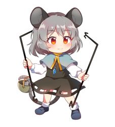 Rule 34 | 1girl, animal ears, basket, black skirt, black vest, blue capelet, blue footwear, blush, capelet, chibi, commentary request, dowsing rod, full body, grey hair, holding, holding with tail, jewelry, kaoling, long sleeves, looking at viewer, miniskirt, mouse (animal), mouse ears, mouse tail, nazrin, partial commentary, pendant, prehensile tail, red eyes, shirt, shoes, short hair, simple background, skirt, skirt set, smile, socks, solo, standing, tail, touhou, vest, white background, white shirt, white socks