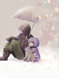 Rule 34 | 1boy, 1girl, age difference, boots, coat, father and daughter, gloves, hood, hoodie, nier, nier (character), nier (series), pants, shio (babbi13), short hair, silver hair, sitting, umbrella, yonah
