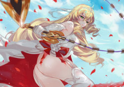Rule 34 | 1girl, ass, blonde hair, blue sky, bow, bridal gauntlets, day, dress, drill hair, elbow gloves, epic seven, flower, from below, garter straps, gloves, green eyes, highres, holding, holding weapon, holding whip, lidica (epic seven), long hair, looking at viewer, looking back, petals, red bow, rose, rose petals, sky, smile, solo, thighhighs, thighs, tiara, two-sided dress, vardan, veil, very long hair, weapon, wedding dress, white flower, white rose
