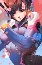 Rule 34 | 1girl, ;), absurdres, arched back, armor, bodysuit, breasts, brown eyes, brown hair, d.va (overwatch), facepaint, facial mark, gloves, gun, handgun, headphones, high collar, highres, holding, holding gun, holding weapon, large breasts, lips, lipstick, long hair, looking at viewer, makeup, one eye closed, overwatch, overwatch 1, petals, pilot suit, pink lips, shoulder pads, skin tight, smile, solo, sparkle, turtleneck, upper body, wannian yan, weapon, whisker markings, white gloves
