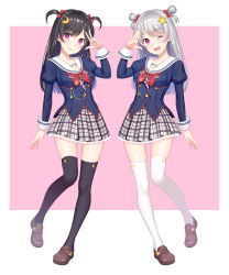 Rule 34 | 2girls, bad id, bad pixiv id, black hair, black legwear, blazer, blush, bow, breasts, buttons, checkered clothes, checkered skirt, closed mouth, collarbone, commentary request, crescent, crescent hair ornament, crescent moon print, detached sleeves, full body, hair bow, hair ornament, highres, jacket, lips, loafers, long hair, long sleeves, looking at viewer, medium breasts, moon (ornament), moon print, multiple girls, one eye closed, open mouth, original, pleated skirt, puffy sleeves, purple eyes, re:shimashima, sailor collar, school uniform, serafuku, shoes, siblings, silver hair, simple background, sisters, skirt, smile, star (symbol), star hair ornament, star print, thighhighs, virtual youtuber, white legwear, zettai ryouiki