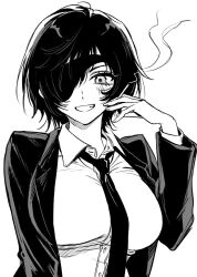 Rule 34 | 1girl, akiyama enma, black hair, breasts, chainsaw man, cigarette, collared shirt, eyepatch, greyscale, himeno (chainsaw man), holding, holding cigarette, jacket, large breasts, looking at viewer, monochrome, necktie, parted lips, shirt, short hair, simple background, smile, smoke, solo, suit jacket, white background
