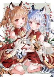 Rule 34 | 2girls, animal ears, animal hands, bai (granblue fantasy), bare shoulders, blonde hair, blush, breasts, detached sleeves, erune, gloves, granblue fantasy, highres, huang (granblue fantasy), looking at viewer, minausa, multiple girls, open mouth, paw gloves, siblings, sisters, sitting, smile, tail, tiger ears, tiger girl, tiger paws, tiger tail, twins, twintails, wariza