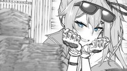 Rule 34 | 1girl, arm support, blue eyes, blurry, blurry foreground, blush, depth of field, eyewear on head, girls&#039; frontline, gloves, greyscale, grin, hair between eyes, hair ribbon, hands on own chin, highres, jacket, kalina (girls&#039; frontline), looking at viewer, monochrome, nakiusagi, paper stack, ribbon, side ponytail, smile, solo, spot color, sunglasses, upper body