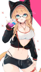 Rule 34 | 1girl, 95kazumi, animal hood, black-framed eyewear, black choker, black jacket, black shorts, blonde hair, blue eyes, breasts, cat tail, choker, cleavage, commission, contrapposto, cowboy shot, crop top, cropped jacket, cup, disposable cup, dolphin shorts, glasses, hand on own thigh, highleg, highres, holding, hood, hooded jacket, jacket, jewelry, large breasts, long hair, long sleeves, looking at viewer, midriff, mole, mole under eye, navel, necklace, open mouth, original, panties, partially unzipped, shirt, short shorts, shorts, skeb commission, smile, solo, standing, stomach, string panties, tail, thigh strap, thighs, underwear, white shirt
