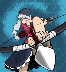 Rule 34 | 1girl, arrow (projectile), barefoot, between fingers, between toes, bow (weapon), drawing bow, feet, female focus, holding with feet, foreshortening, hat, holding, holding bow (weapon), holding weapon, jpeg artifacts, long hair, nicetack, nurse cap, silver hair, solo, standing, standing on one leg, toes, touhou, weapon, yagokoro eirin
