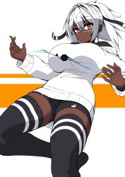 Rule 34 | 1girl, :/, bike shorts, black ribbon, black thighhighs, breasts, commentary, dark-skinned female, dark skin, ear piercing, english commentary, female focus, glasses, hair between eyes, hair ribbon, highres, impossible clothes, impossible sweater, large breasts, long sleeves, looking at viewer, orange hair, original, piercing, ribbon, short hair, simple background, solo, sub-res, sweater, thighhighs, white-framed eyewear, white hair, white sweater
