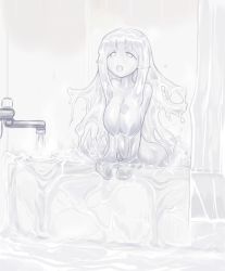 Rule 34 | 1girl, :o, bath, bathroom, breasts, idon, large breasts, looking at viewer, monochrome, monster girl, original, overflowing, pointy ears, shower curtain, slime girl, solo, water
