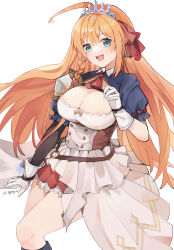 Rule 34 | 1girl, absurdres, armor, asymmetrical sleeves, blue dress, blue eyes, braid, breasts, cleavage, commentary, dress, feet out of frame, gloves, hair ribbon, highres, large breasts, long hair, looking at viewer, open mouth, orange hair, pecorine (princess connect!), princess connect!, red ribbon, red skirt, ribbon, rippajun, short sleeves, shoulder armor, side braid, simple background, skirt, smile, solo, teeth, tiara, upper teeth only, white background, white dress, white gloves, white skirt