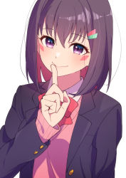 Rule 34 | 1girl, afnroll, azki (hololive), black hair, blazer, colored inner hair, facial mark, finger to mouth, hair ornament, hairclip, highres, hololive, jacket, looking at viewer, multicolored hair, pink hair, purple eyes, school uniform, short hair, simple background, smile, solo, sweater, upper body, virtual youtuber, white background