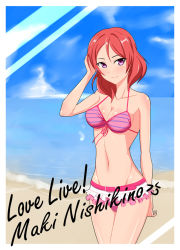 Rule 34 | 10s, 1girl, arm behind back, beach, bikini, blush, breasts, character name, cleavage, copyright name, cowboy shot, day, front-tie bikini top, front-tie top, hand in own hair, love live!, love live! school idol project, natsuiro egao de 1 2 jump!, nishikino maki, northman, outdoors, red eyes, red hair, short hair, smile, solo, striped bikini, striped clothes, surf, swimsuit, water